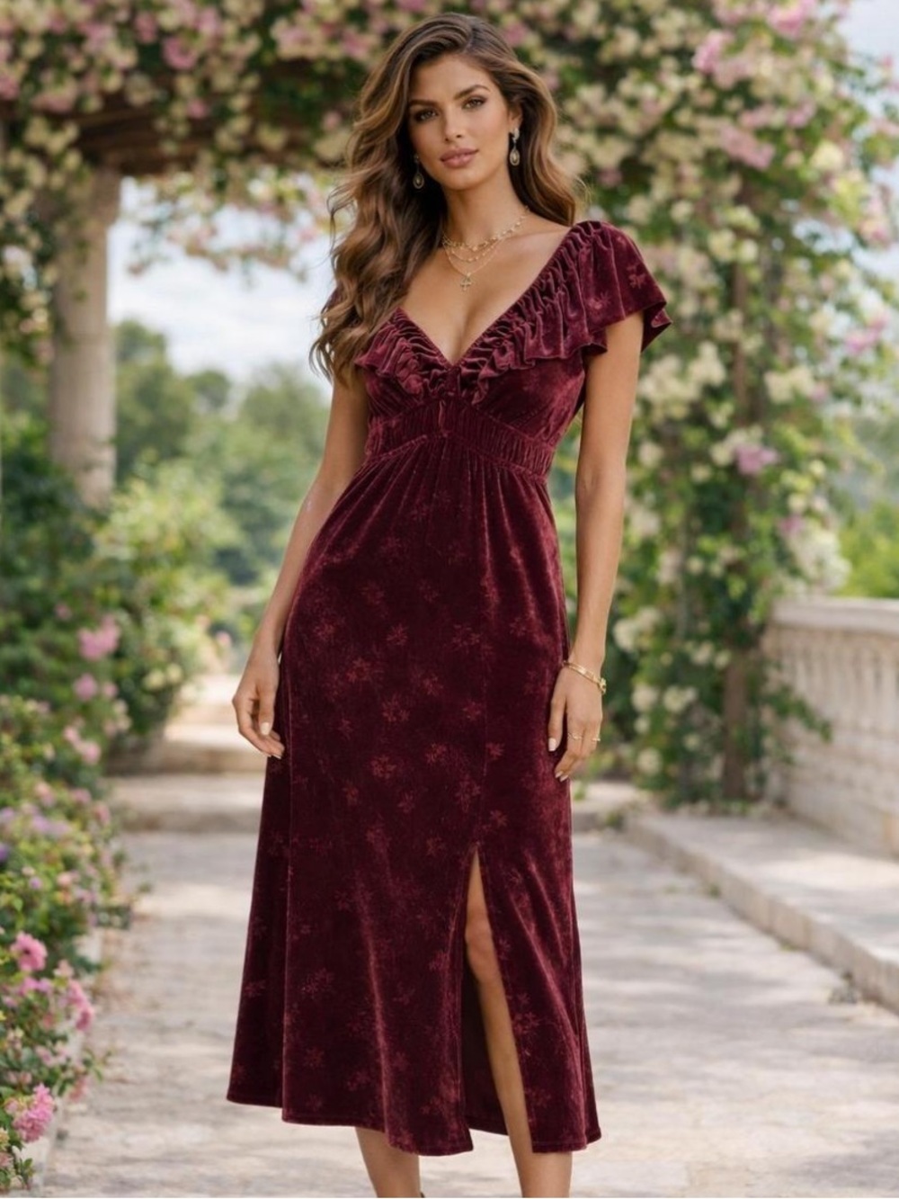 Eyeshadow Burgundy Romantic Velvet Ruffle V-Neck Midi Whimsygoth Dress Medium